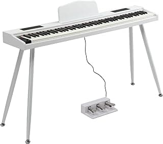 GLARRY Digital Piano Keyboard with Stand, Portable 88 keys Semi-Weighted Electric Piano with Pedal for Beginner, Bluetooth, Triple Pedals, Power Supply, 2 Speakers (White, Compact)