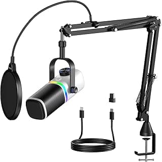 Aokeo AK-10 USB Gaming Microphone with mic arm, Condenser Microphone for PC/MAC/PS4/PS5/Phone-Cardioid Mic with RGB Lighting（White）