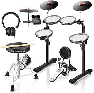 HAMPBACK MK-0 PRO Electric Drum Set with 7'' Mesh Drum Pads, 8'' Full Rubber Cymbals, 5'' Bass Drum, 12 Kits and 68 Authentic Sounds, USB MIDI, Throne, Sticks, Headphone, Suitable for Beginners & Kids