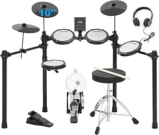 RVONE Electric Drum Set for Beginner with Kick Hammer Pedal,10" Cymbals, 4 Mesh Pads, Supports Sensitivity Adjustment,150 Sounds 15 drum kits, all-in-one drum set with Throne, Headphones, Sticks