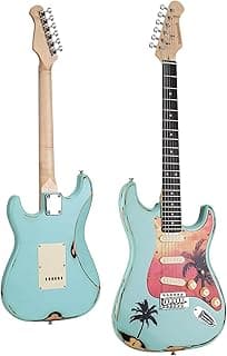 BAHAMUT 39" Solid Body Electric Guitar, Guitarra Eléctrica with Red&Blue California Coastline Style Relic Finish, Canadian Maple Neck&Purpleheart Fingerboard, SSS Pickups&Locking Tremolo Bridge