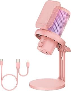 FEELWORLD VM1 Pink Gaming PC USB Microphone Condenser Mic with Noise Cancellation Mute RGB Light, Computer Accessories Gifts for Gamer YouTube Twitch Podcast Streaming Recording Online Chat PS4 PS5