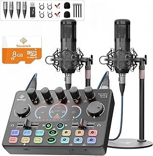 Podcast Equipment Bundle for 2, Audio Interface with 8GB Memory Card and XLR Condenser Microphones,Stereo,Denoise, RGB,Built-in Recorder, 48V Phantom for Streaming,Podcast Recording,Gaming(RS2i2)
