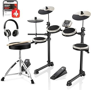 Donner DED-80 Electric Drum Kit with 4 Quiet Mesh Pads, 180+ Sounds, 30 Demo Songs, 10" Cymbals, 2 Pedals, Throne, Headphones, Sticks, USB MIDI, Melodics Lessons, White