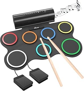 7 Pad Electronic Drum Set, Roll Up Drum Practice Pad Midi Drum Kit with Headphone Jack, Built-in Speakers Pedals Sticks 6 Hours Playtime, Rechargeable, Christmas Gift for Beginners