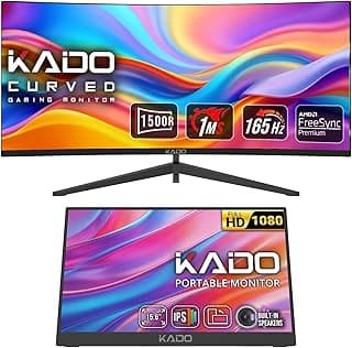 Kado 34" Curved 3440x1440 21:9 Desktop & 15.6" 1920x1080 Portable Monitor | Bundle Ultrawide Portable Setup 165Hz 1ms Gaming Office, AMD FreeSync Premium, VESA Mount DisplayPort HDMI Built-in Speakers