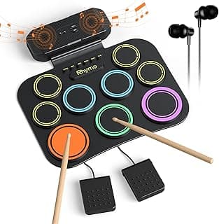 Rhymo Electronic Drum Set, 9-Pad Roll-Up with Built-in Speaker, Rechargeable Battery, Headphones, Drum Pedal & Sticks, Perfect for Beginners, Home Practice and Travel Gifts