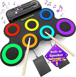 Electric Drum Set Built-in Speaker, Electronic Drum Pad and Sticks, Portable Roll Up Drums Practice Pad