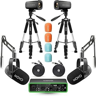 Movo Video Podcast Equipment Bundle – USB Audio Interface, 2 XLR Dynamic Microphones, 2 4K Cameras, 2 Boom Arms – Complete Podcast Setup