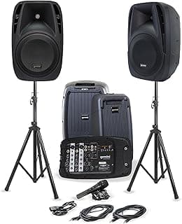 Gemini Portable PA System & Stands, Dual 10", 600 Watts (ES-210MXBLU-ST) | Dual 10" PA with tripod stands - 6-channel powered mixer, 4 mic in - Bluetooth, USB - mic included