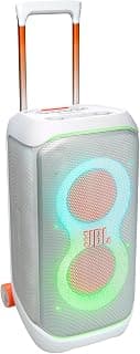 JBL PartyBox Stage 320 - Portable Party Speaker with Telescopic Handle & Wide, Sturdy Wheels, Powerful Pro Sound, Futuristic lightshow, Up to 18 Hours of Play time, Splash Proof (White)