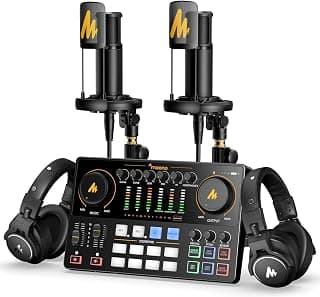 MAONO Podcast Equipment Bundle for 2: Audio Interface Mixer with 2 XLR Condenser Mic and 2 Headphone Podcast Streaming MaonoCaster E2 Gen2+2*PM320T+2*MH700