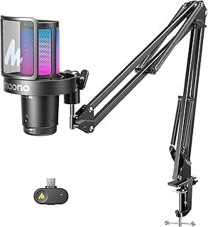 MAONO DGM20W Wireless Gaming Microphone for PC, Condenser USB Mic with Boom Arm for Streaming, Touch Noise Cancellation, Quick Mute,Gain Control,RGB, Computer Boom Mic for PS5 Twitch Discord, Black