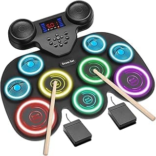 7-Color Dynamic LED Lights Electric Drum Set, 9-Pad Electronic Drum Set Bluetooth MIDI Support, Extra-thick Electric Drum Pads for Better Rebound, Perfect Christmas/Birthday Gift for Kids