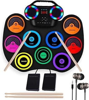 Electronic Drum Kit 9 Pads, Roll-up Practice Drum Set and Drumsticks, 10H Playing With Built-in Dual Speaker, USB MIDI Jack for Beginner, Hoilday Birthday Gift