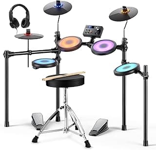 Donner DED-70L Electronic Drum Set with LED Light Up Quiet Mesh Drum Pads & 9" Cymbals, 150 Sounds, 15 Drum Kits, USB MIDI, Type-C Charging, 2 Pedal, Throne, Headphones, Sticks, Melodics Lessons