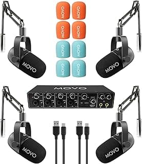 Movo 4-Person Podcast Equipment Bundle – 4-Channel USB Audio Interface, 4 CastMic Dynamic Microphones, 4 Boom Arms – Complete Recording Kit