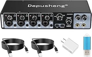 Depusheng USB Audio Interface with ASIO Drivers, 24Bit 192Khz, Phantom Power +48v, Low Latency for Home Studio Recording, PC/MAC Compatible (4 CHANNEL)