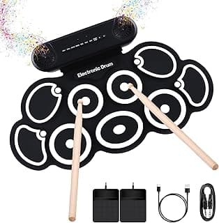 Electronic Drum Set, 9-Pads Roll-Up Electric Drum Pad Kit with Headphone Jack 10Hrs Playtime Built-in Speaker with Drumsticks Pedals, Xmas Birthday Gift for Adults,Student (Black)