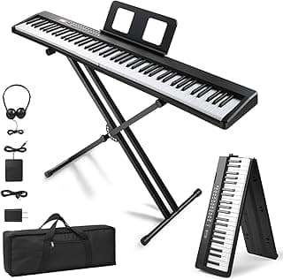 Ktaxon Foldable Keyboard Piano 88 Keys Digital Piano with Adjustable Dual "X" Shape Stand, Portable Bag, Professional Pedal, Stereo Headphones & Smart MIDI Bluetooth Function(Semi Weighted Key-Black)