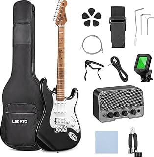 LEKATO Electric Guitar Kit Beginner 39 Inch Full Size Solid Body Guitar HSS for Starter Roasted Maple Neck Fretboard Stainless Steel Frets, 5W Mini Amp, Bag, Tuner, Capo, Strap, String, Picks- Black