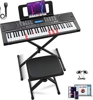 Ktaxon 61 Key Keyboard Piano, Electric Keyboard Piano with Clear LCD Screen, Breakthrough Bluetooth MIDI Capability, Adjustable Stand & Stool, Headphones, Microphone, Note Stickers(Compact- Black)