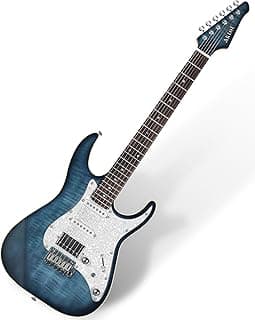 AKLOT Solid Body Electric Guitar - Flame Maple Top, HSS Alnico V Pickups with Coil-Split, Roasted Maple Neck, Locking Tuners, Veltrix Series, Storm Blue