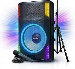 Gemini 15" PA Speaker & Stand, 1800 Watts, LED Lights (GSP-L5500PK) | 126dB 15" powered PA with stand, mic & LED - 3-ch mixer, 6 EQ presets - Bluetooth - wheels & handle