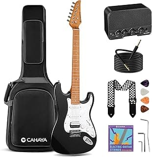 CAHAYA Electric Guitar Kit Beginner - 39in Guitar Set Adults with Roasted Maple Neck HSS Pickup Solid Okoume Body Electric Guitar with Gig Bag Amplifier Strap Strings Cable Picks Black