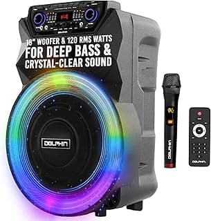 Dolphin SP-18RBT BoxParty Portable Bluetooth Speaker - 18" Woofer, Wireless Microphone, Deep Bass & LED Lights w/ USB SD, AUX, Guitar & 12V Inputs - Rechargeable Huge Party Speaker W/ Trolley & Wheels