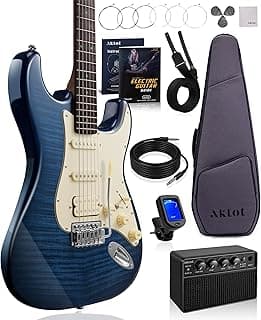 AKLOT Beginner Electric Guitar Kit: 10W Amp, Coil-Split HSS Pickups, Lesson Book, Roasted Maple Neck, Gig Bag, Tuner, Strap, Picks, Stryde Storm Blue