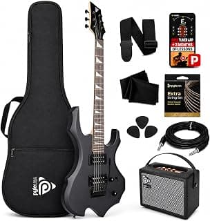 Pyle Heavy Metal EG Fire Electric Guitar Axe w/ Amplifier Kit, Full Size Instrument w/ Practice Amp & Accessories, Metal Axe, Black